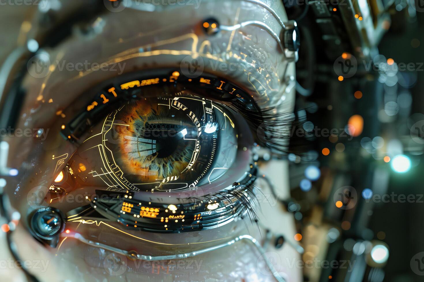 1470x980 Futuristic cyborg eye closeup with digital interface