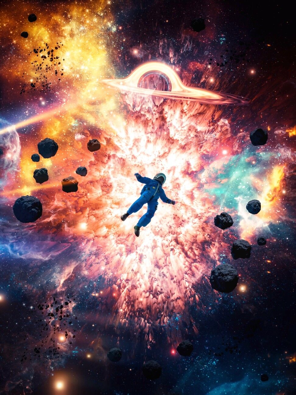 972x1300 Poster Space Explosion Astronaut, Black Hole and Asteroids