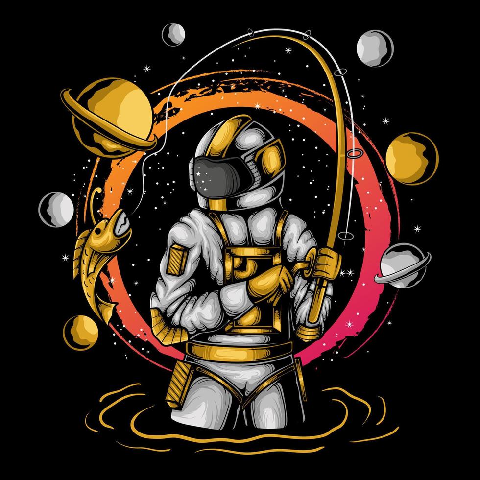 980x980 illustration of astronaut fishing in space with planet and black hole background