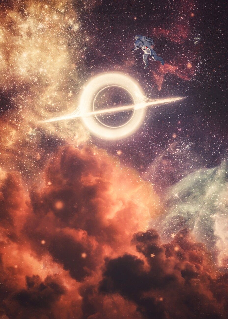 929x1300 Poster Black Hole Orange Clouds and Flaotaing Astronaut