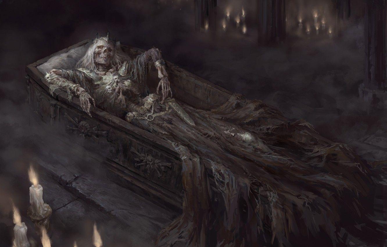 1332x850 Wallpaper skull, candles, corruption, skeleton, the crypt, art, tomb, rags, the curse, Sawan, human, dark place, Ilyncis image for desktop, section фантастика