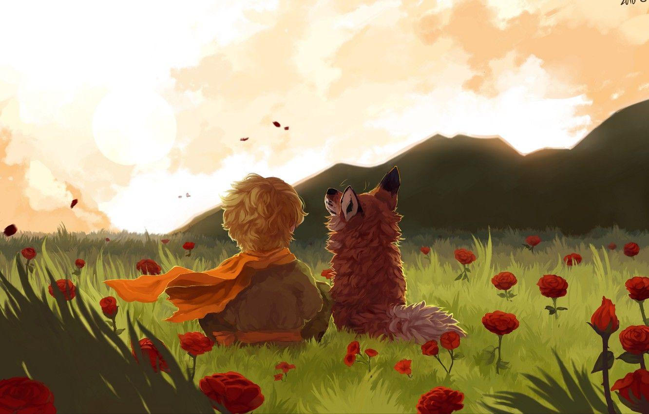 1332x850 Wallpaper fox, field, landscape, art, flowers, mountains, painting