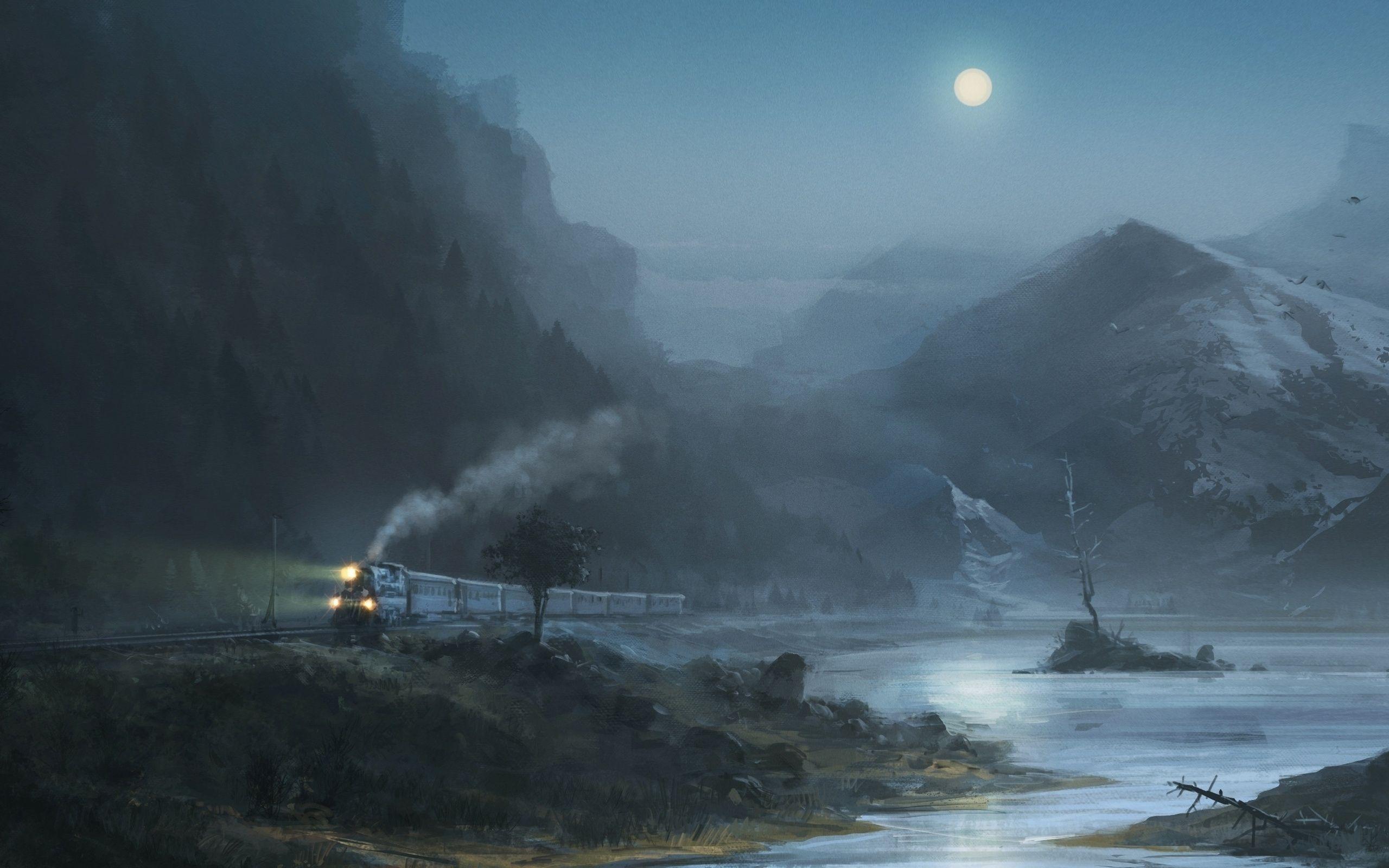 2560x1600 Download 2560x1600 Painting, Train, Smoke, Dark Place, Moon