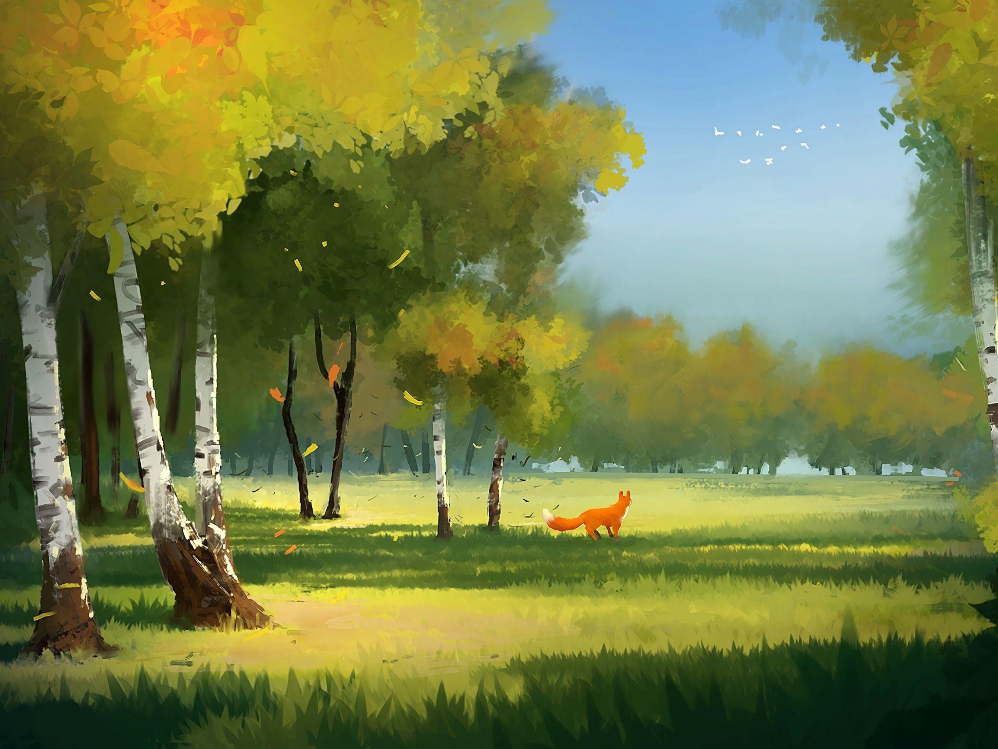 2048x1536 Wallpaper 4k forest, fox, art, glade, trees 4k art, Forest, fox