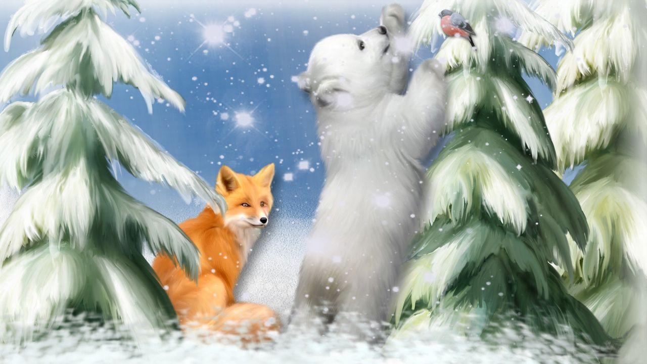 1280x720 snowflakes, art, painting, fox, snow, picture, painting