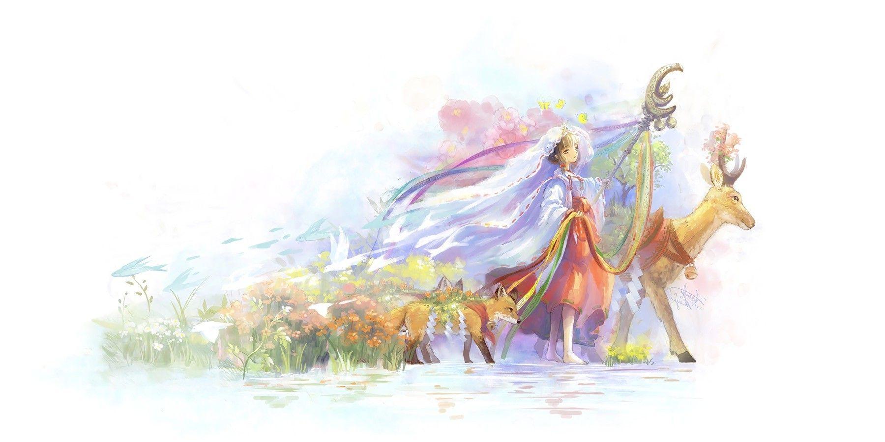 1800x900 barefoot, Animals, Fox, Flowers, Fantasy Art, Grass, Ani Lorak