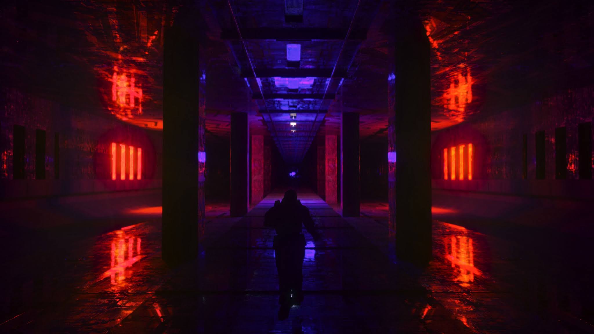 2048x1152 Wallpaper Tunnel, Dark Place, Neon Lights