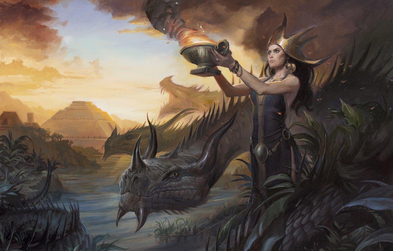 1332x850 Wallpaper girl, woman, dragon, figure, the victim, swamp, ritual