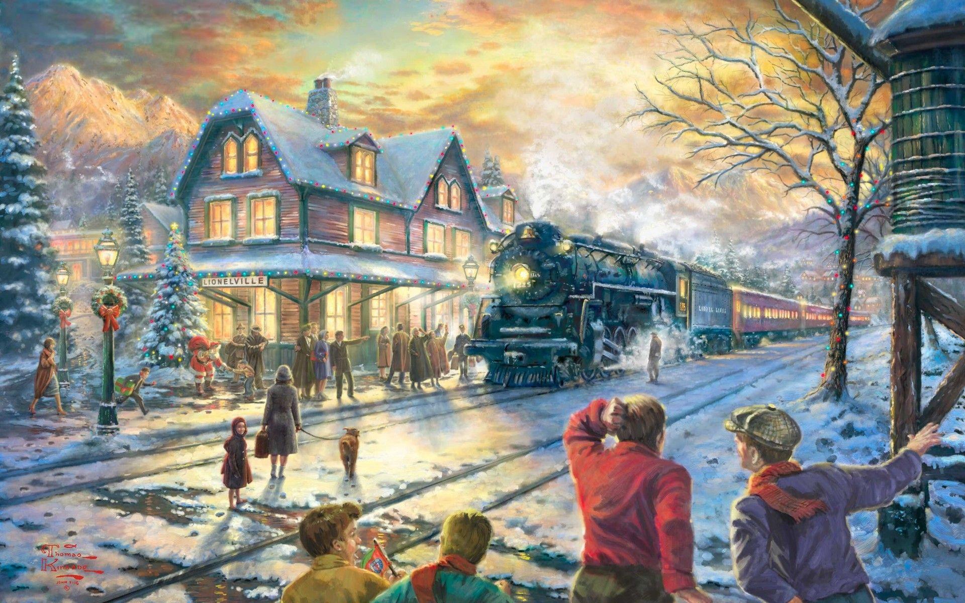 1920x1200 all, Aboard, For, Christmas, Thomas, Kinkade, Holidays, Christmas, Winter, Snow, Seasons, Trains, Tracks, People, Houses, Rustic, Art Wallpaper HD / Desktop and Mobile Background