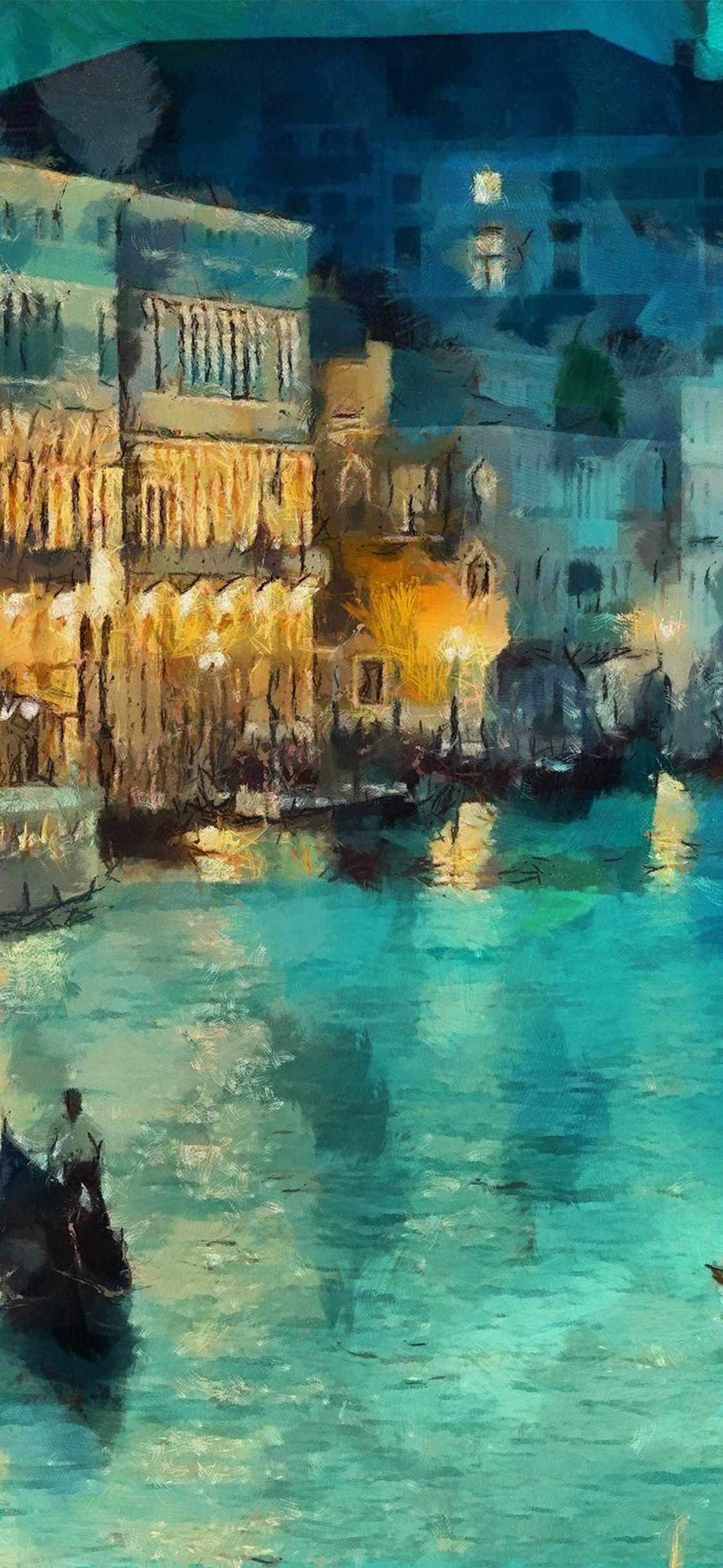 1125x2436 Art Classic Painting Water Lake Night Wallpaper