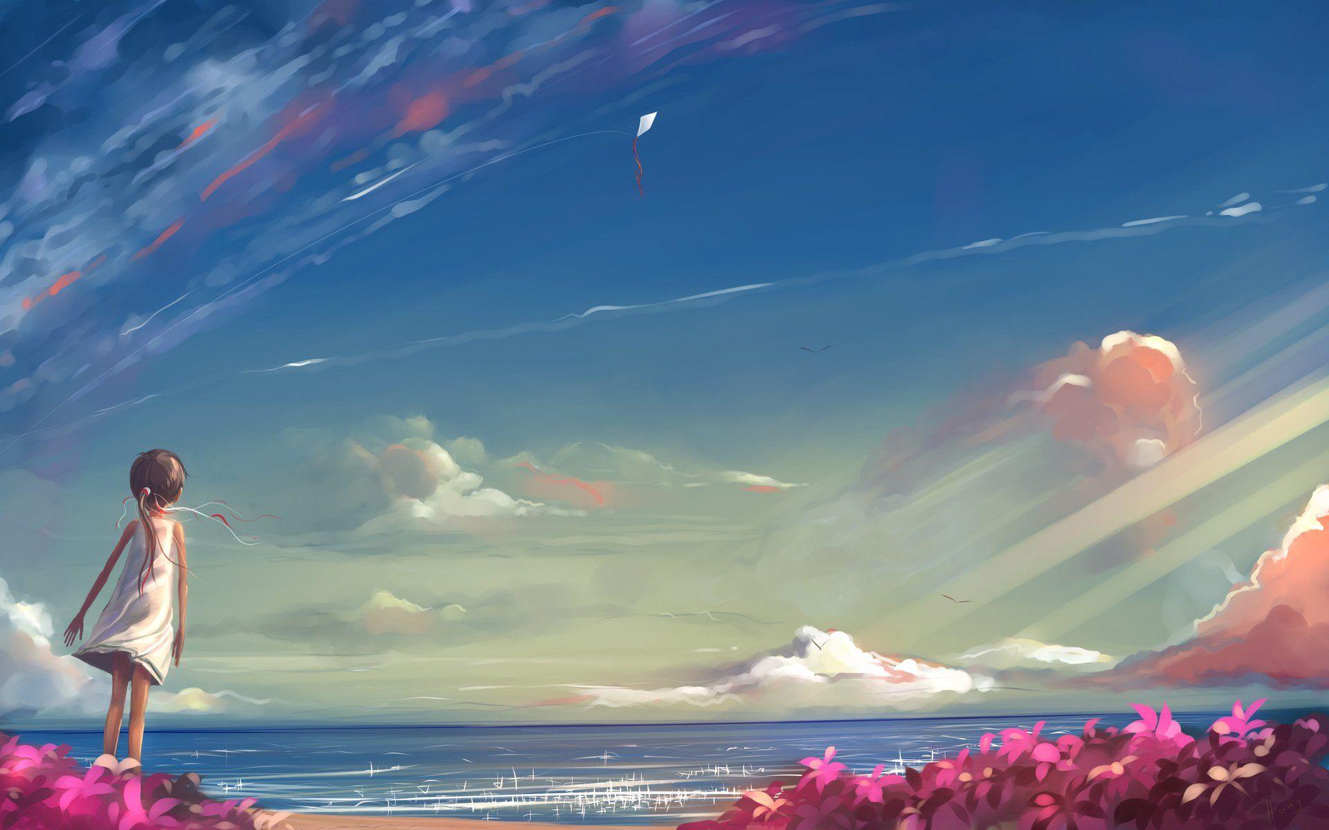 HD wallpaper sea sunset anime girls landscape anime beach sky water one  person  Wallpaper Flare