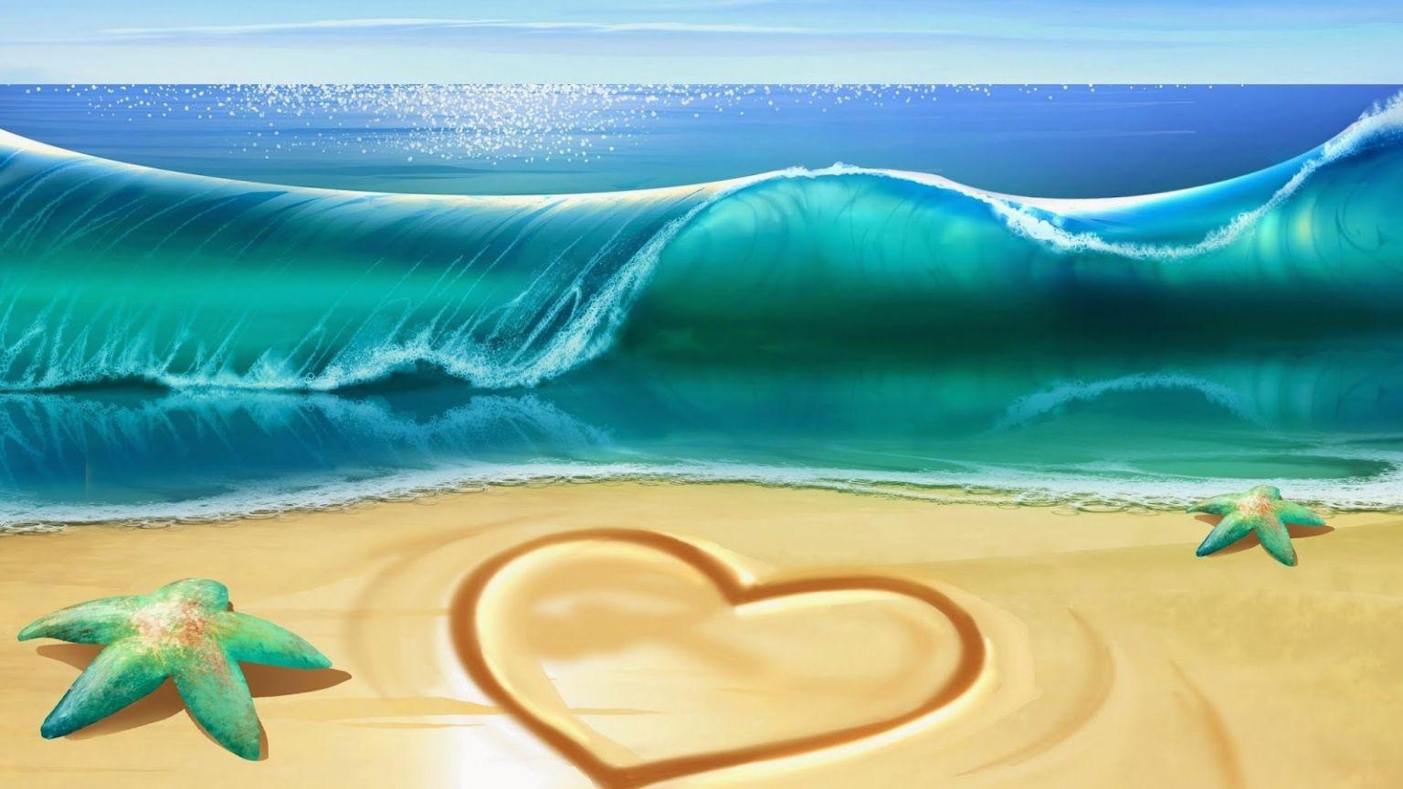 1536x864 Free download download Heart in Sand Beach Anime 3D Wallpaper
