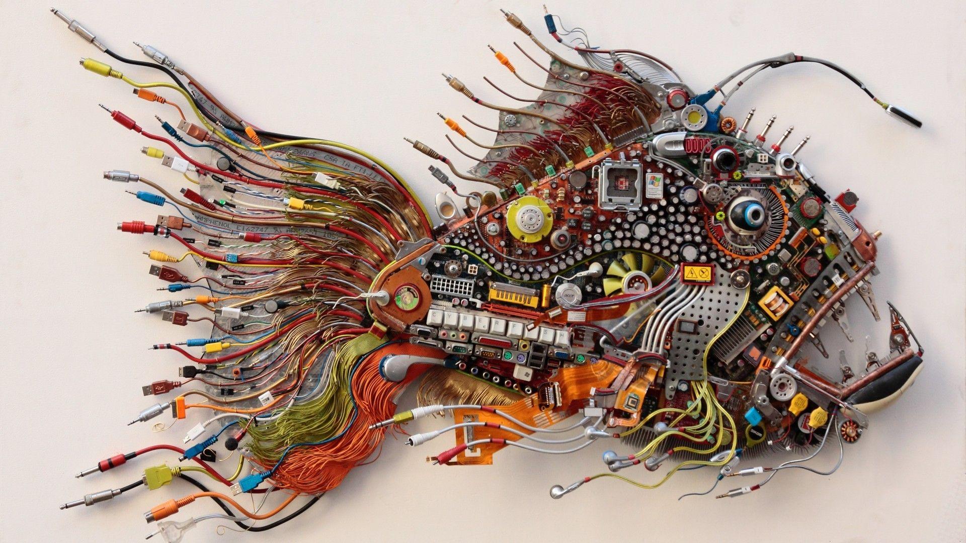 1920x1080 #earphones, #Hi Tech, #circuit Boards, #circuits, #computer, #CPU, #wires, #cyber, #Microsoft Windows, #fin, #electronics, #artwork, # Technology, #keyboards, #capacitors, #Anglerfish, #motherboards, #processor, #PCB, #USB, #fangs, #white