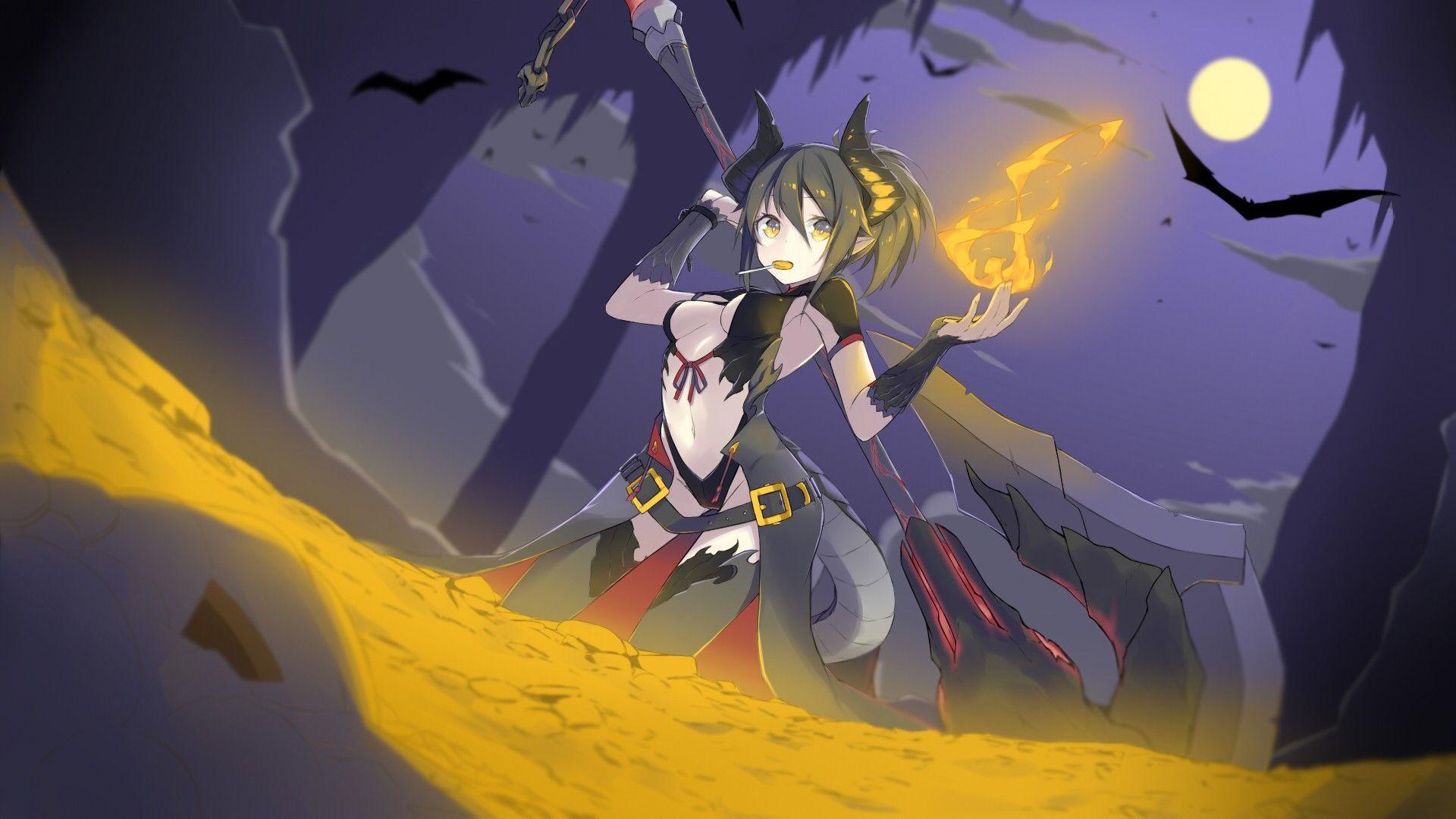 1920x1080 #demon girls, #Halloween, #fire, #horns, #moonlight