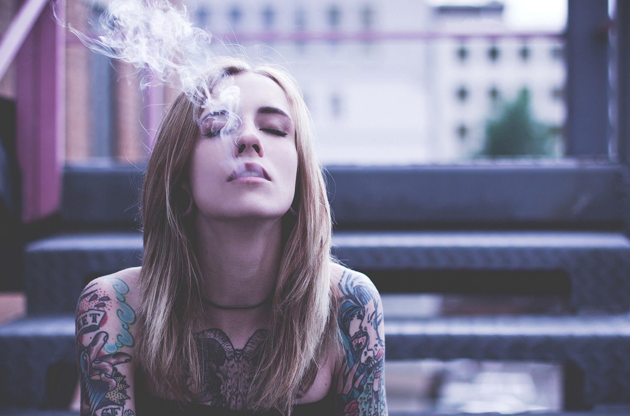 2048x1352 #tattoo, #women, #smoking, #closed eyes, #blonde, #smoke