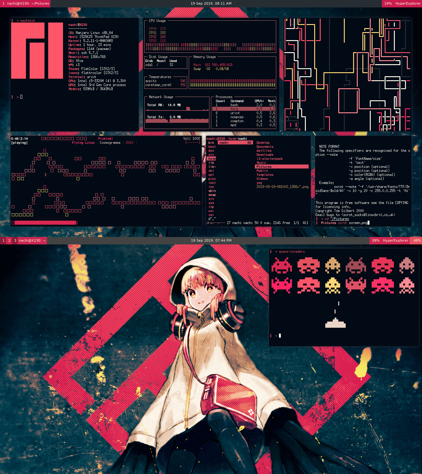 1366x1536 XFCE I3 Gaps Neon Colors And An Anime Wallpaper