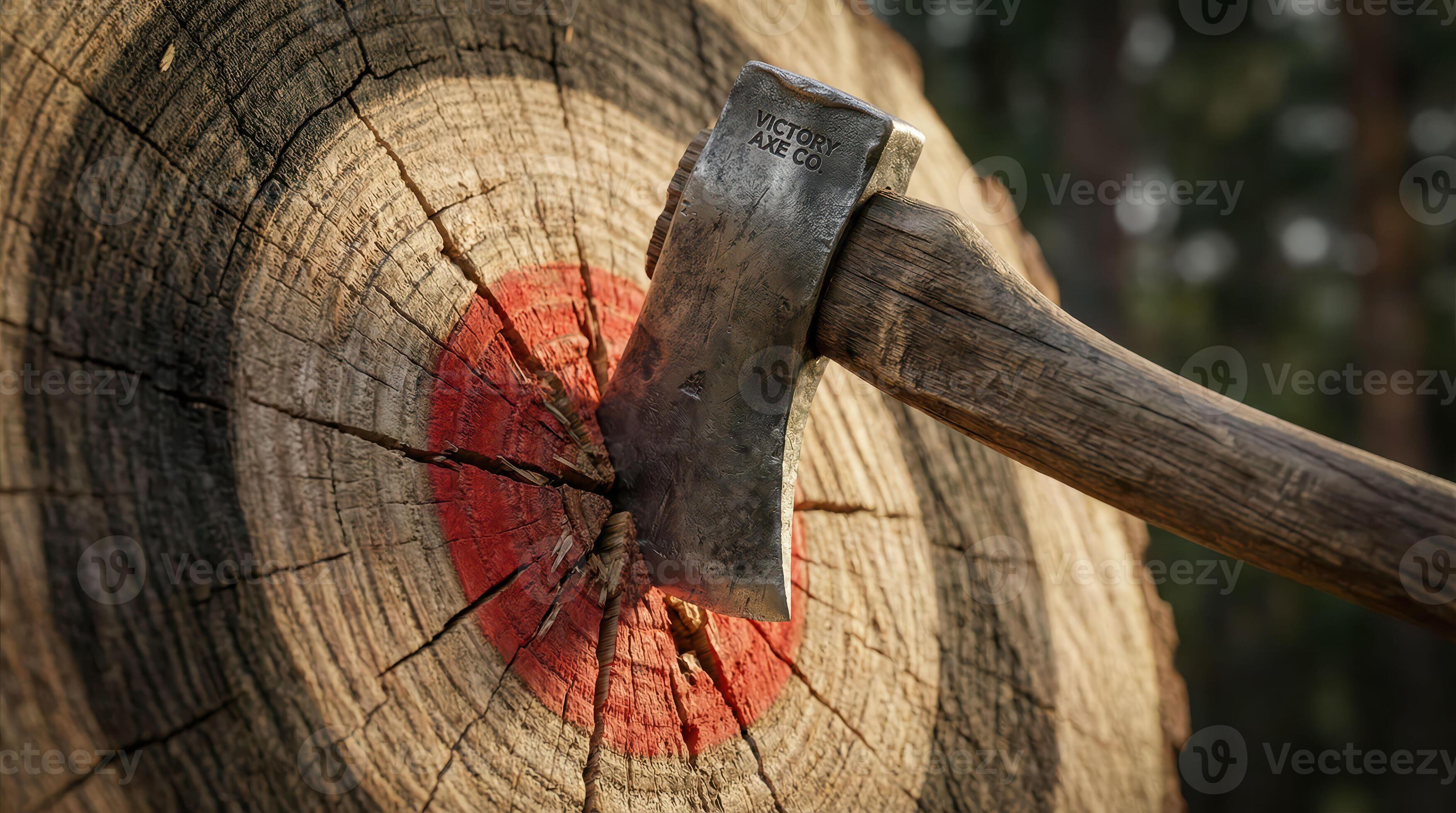 3512x1960 Axe throwing target log outdoor game hatchet embedded in wood with red bullseye focus action in forest background