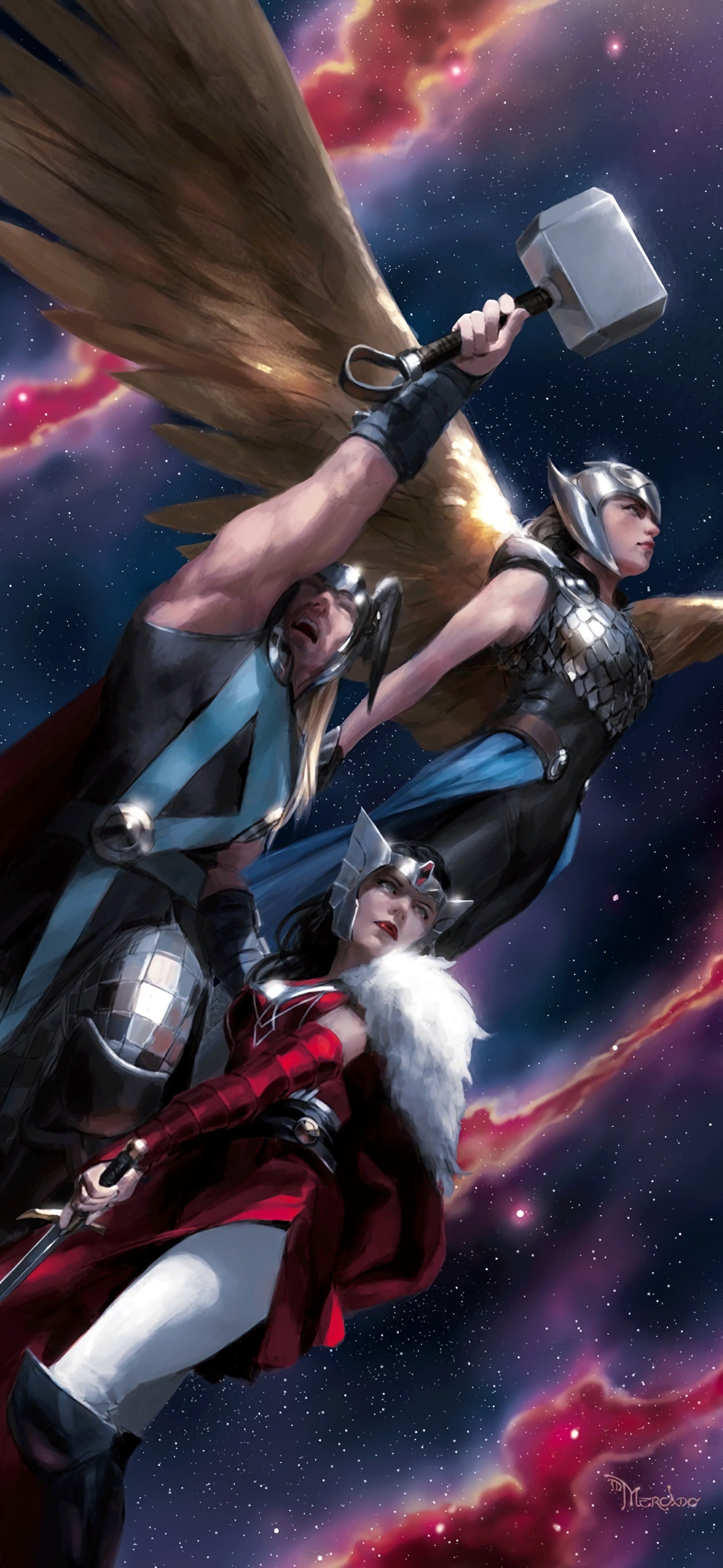 2520x5464 Thor, Valkyrie (Jane Foster) and Lady Sif wallpaper [2520x5464]