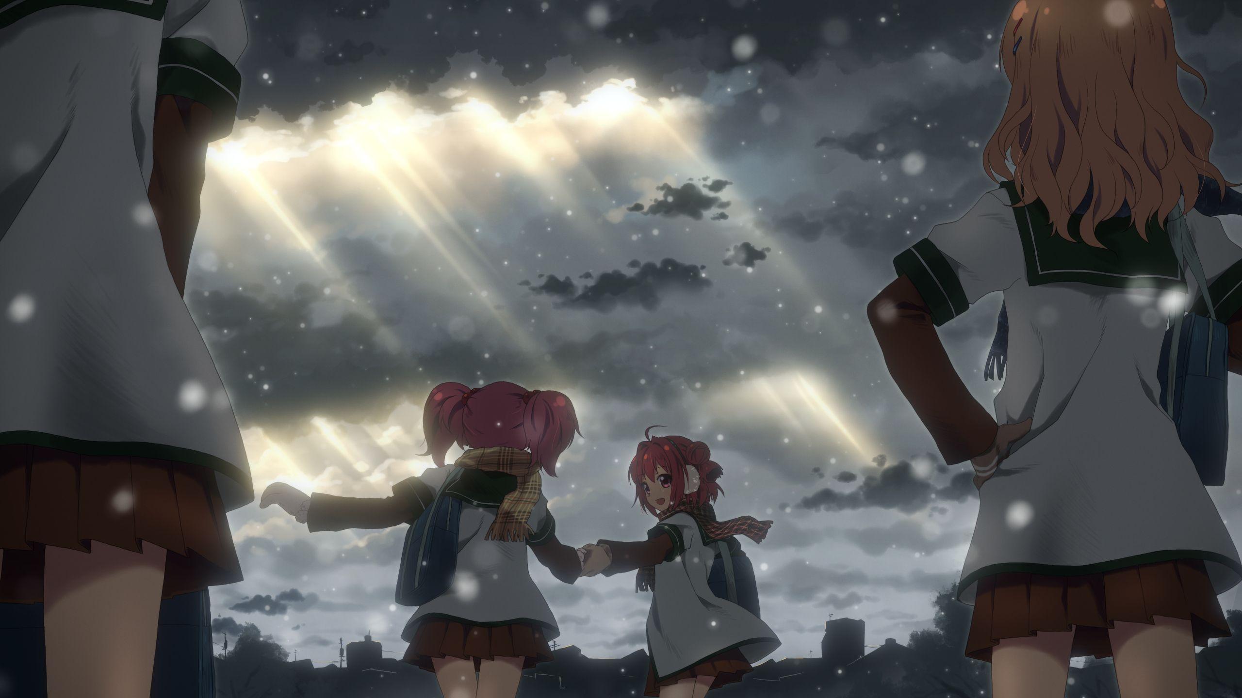 2560x1440 Akaza akari blonde hair building clouds group long hair pink hair