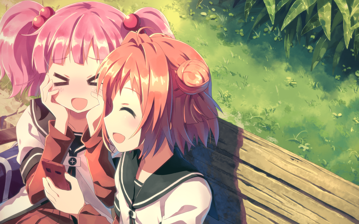 1440x900 Download 1440x900 Yuriyuri, Akaza Akari, Yoshikawa Chinatsu, Park, Smiling, Short Hair Wallpaper for MacBook Pro 15 inch, MacBook Air 13 inch