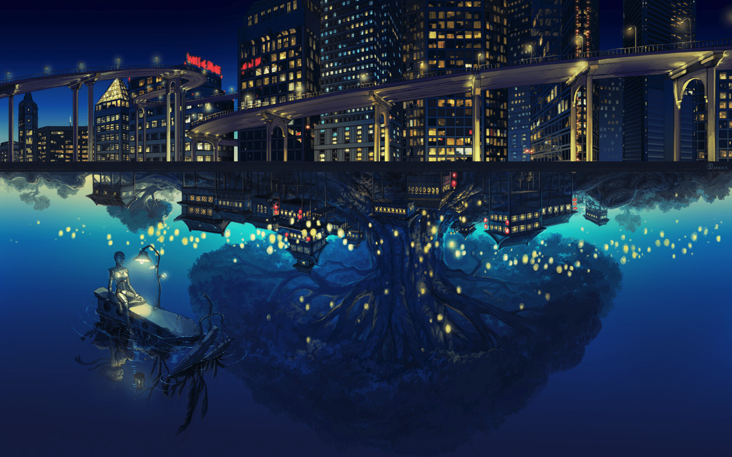 1440x900 #alternate reality, #building, #reflection, #night view