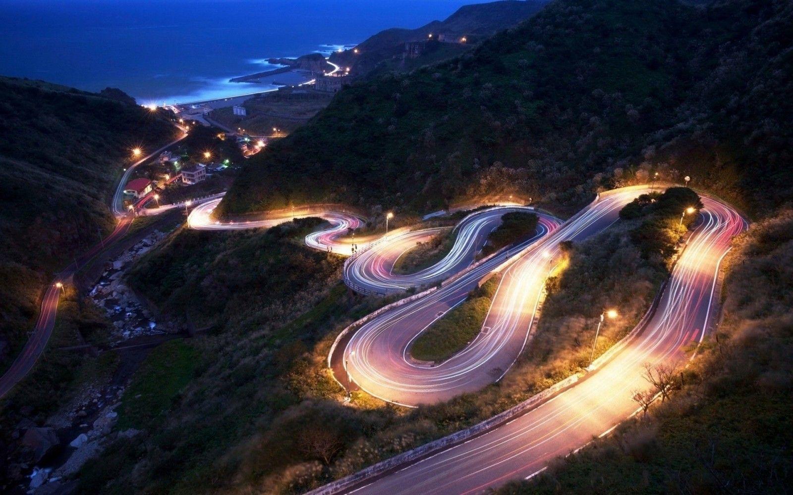 1600x1000 landscape, mountains, night, road, coast, light trails