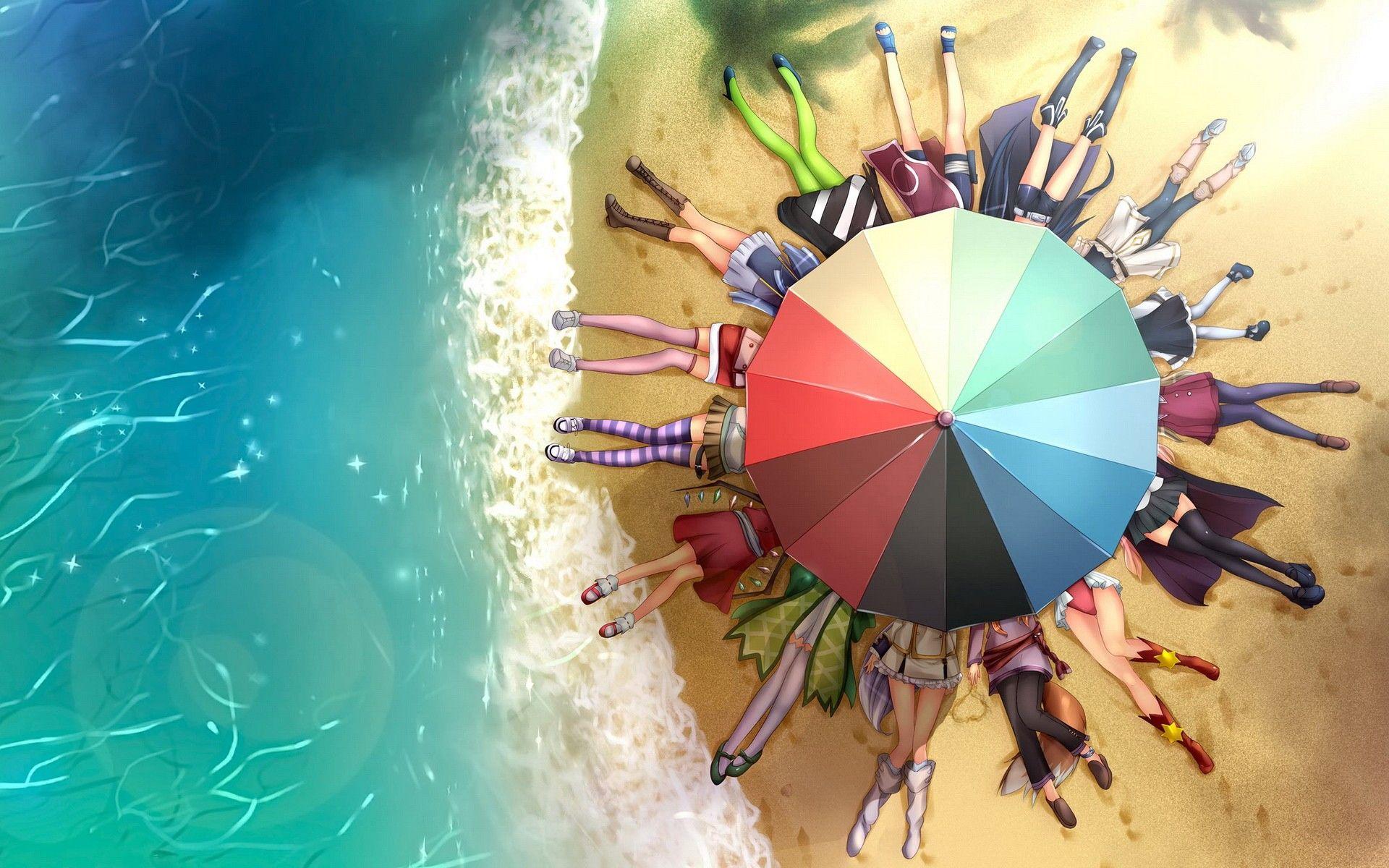 1920x1200 Legs beach seas anime umbrellas soft shading wallpaperx1200