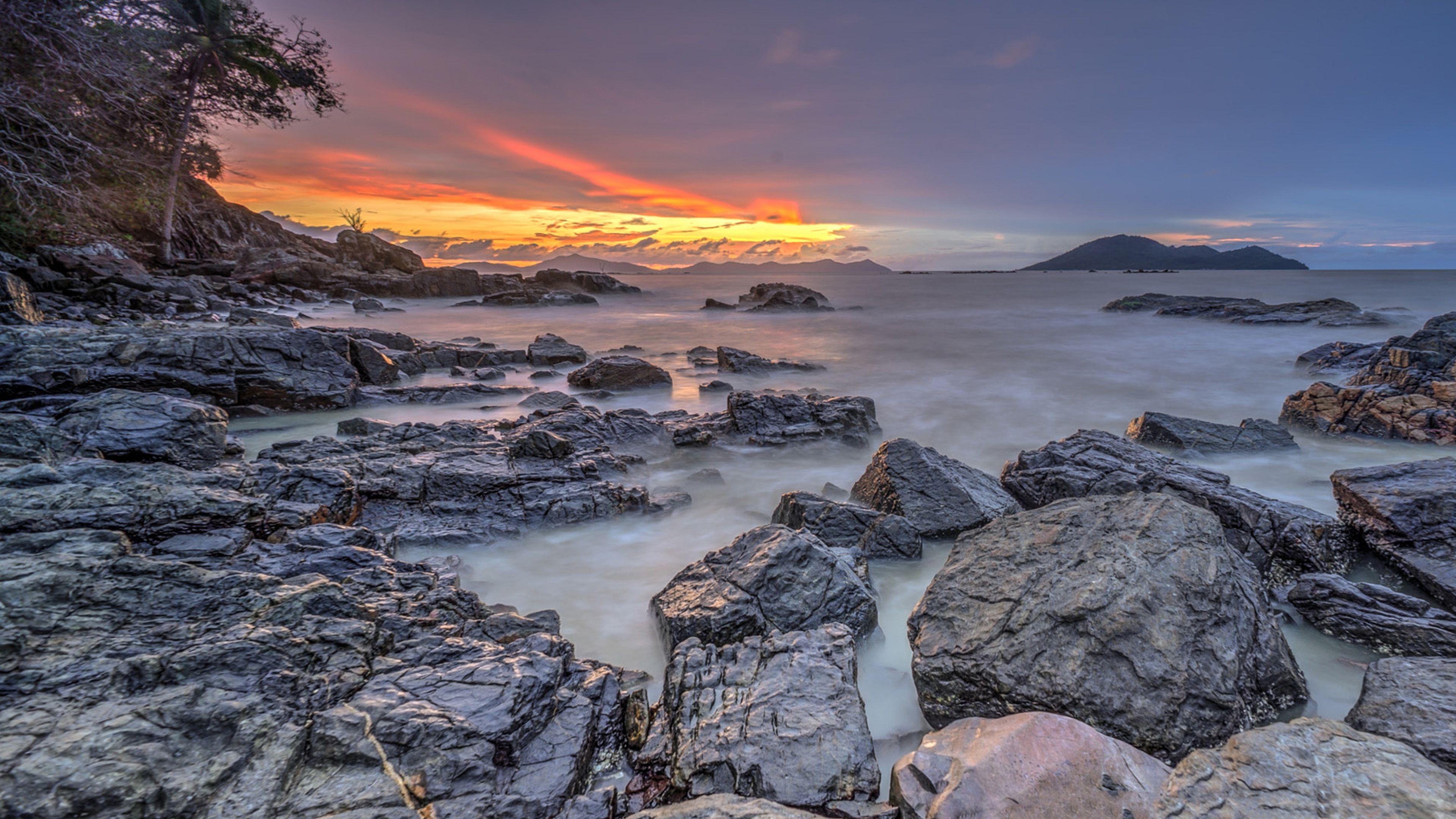 3840x2160 Turtle Beach Singkawang Indonesia Rocky And Sunset Ultra HD