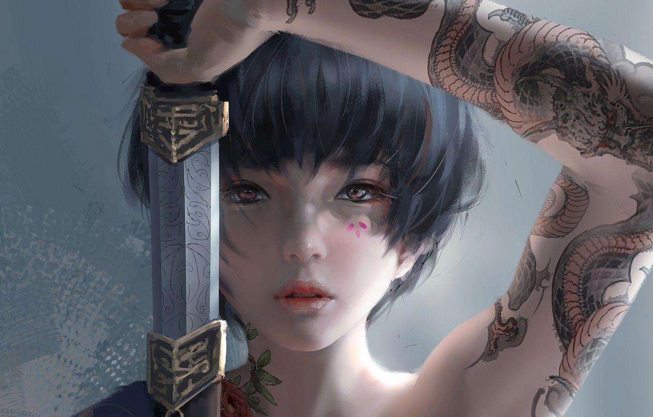1332x850 Wallpaper girl, sword, fantasy, katana, tattoo, asian, digital art, artwork, Samurai, warrior, fantasy art, fantasy girl image for desktop, section фантастика