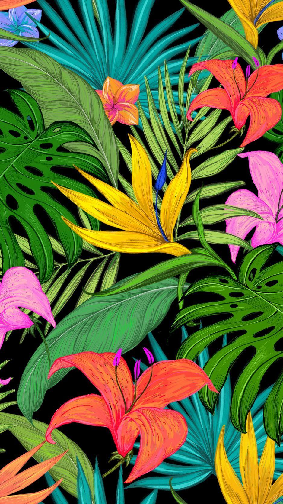 938x1668 Download wallpaper 938x1668 pattern, tropical, flowers, leaves