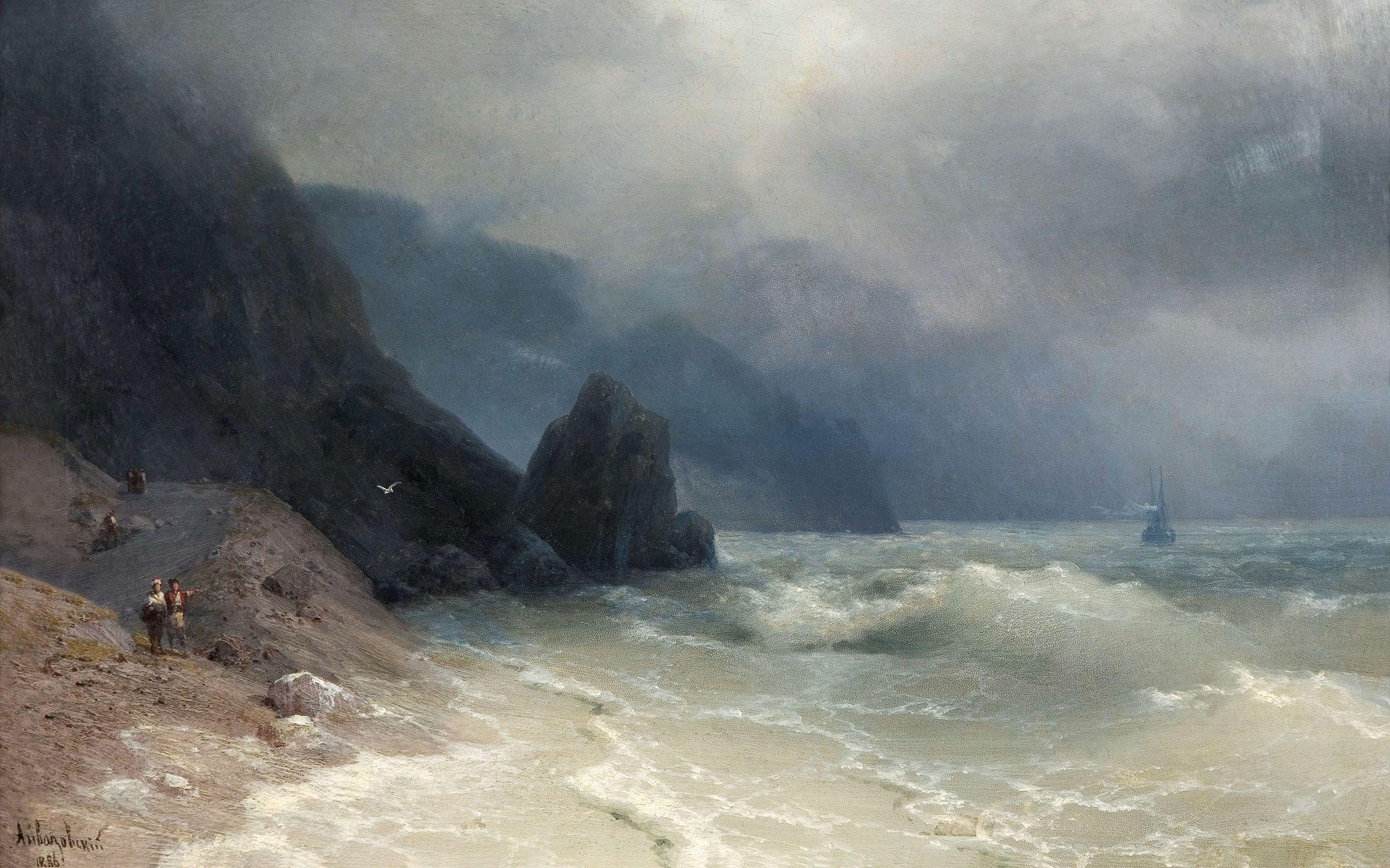 2880x1800 Painting Beach Ocean fog ship boat people waves storm wallpaper