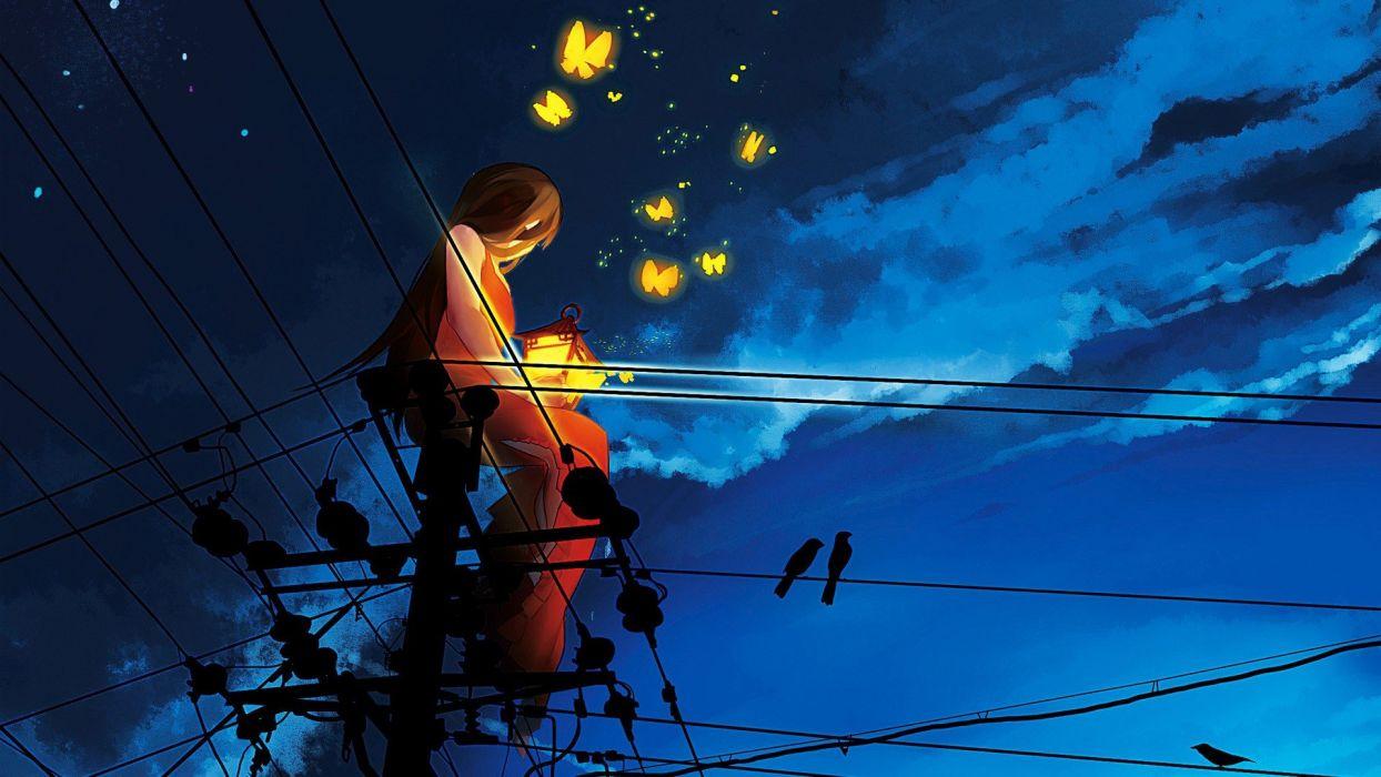 1244x700 Anime red dress butterfly utility pole sunset original characters