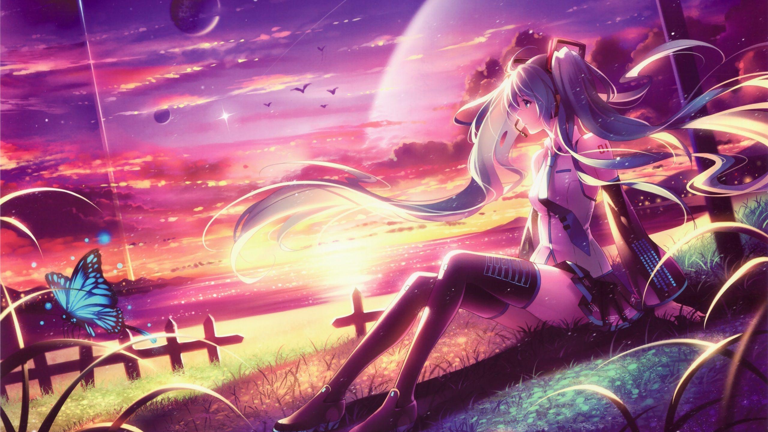 2560x1440 Wallpaper Hatsune Miku, long hair anime girl, sitting at beach