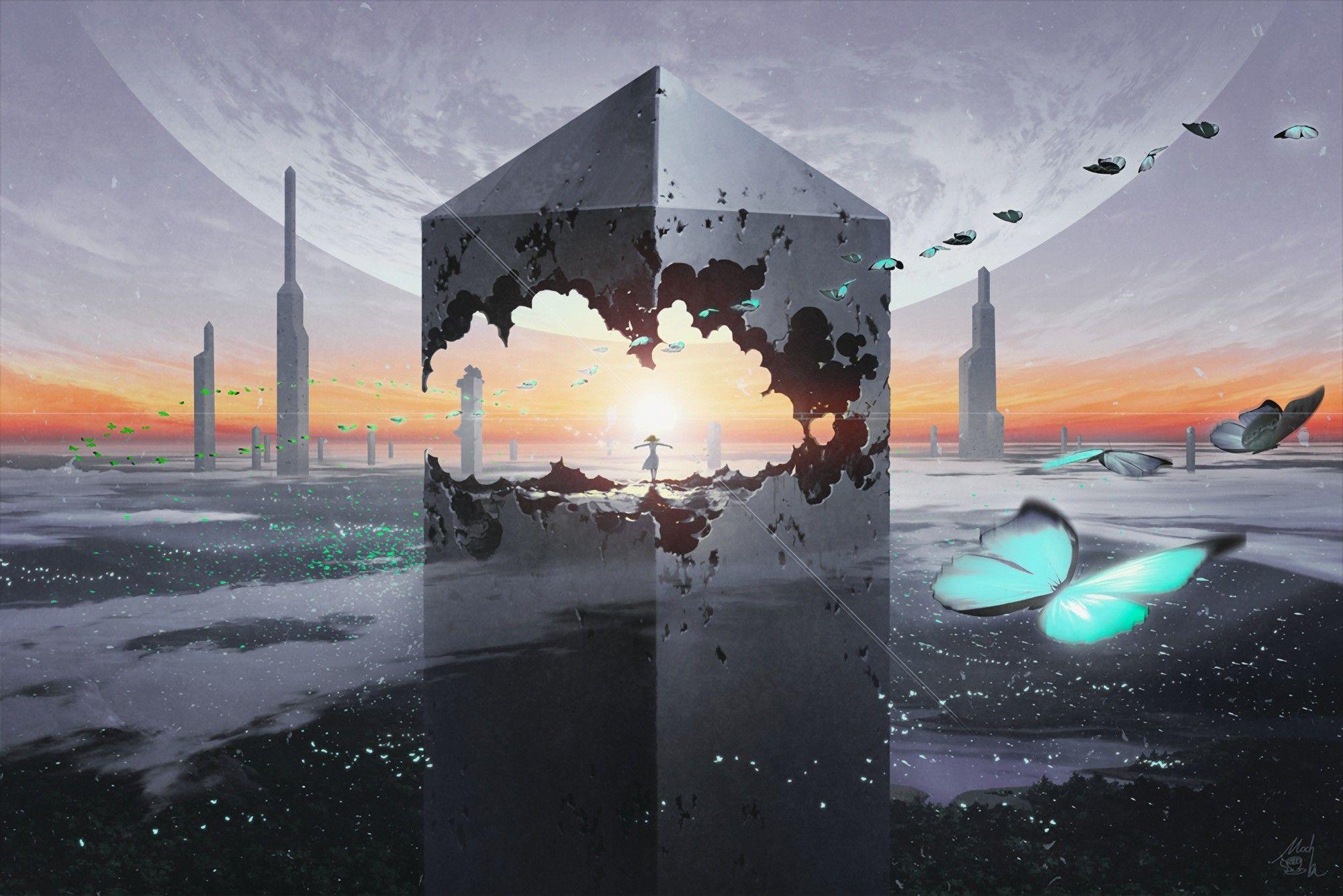 2000x1334 #Technoheart, #skyline, #cityscape, #butterfly, #Moon