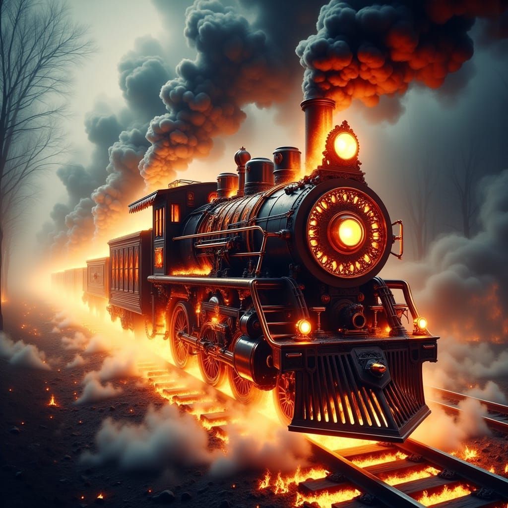 1024x1024 Clockpunk Train On Fire, A Golden Hued Masterpiece
