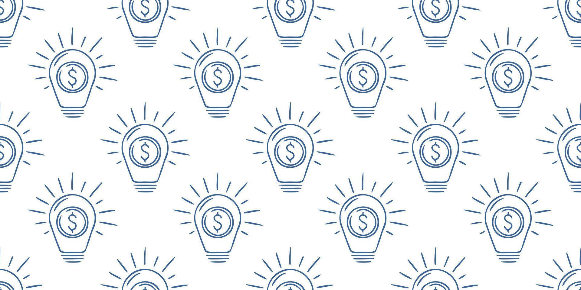 1920x960 Financial seamless pattern with light bulb and dollar icons. Blue line background on white for business ideas, innovations and banking. Minimalist hand drawn wallpaper for creative design