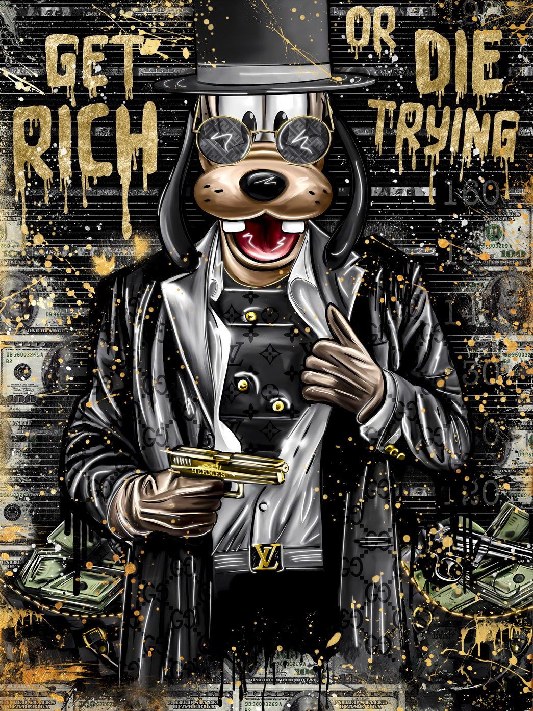 1045x1394 Poster Rich or Die Trying Graffiti Art Poster Bold Urban Wall Decor Cartoon Pop Art Money and Ambition Style Wall Print