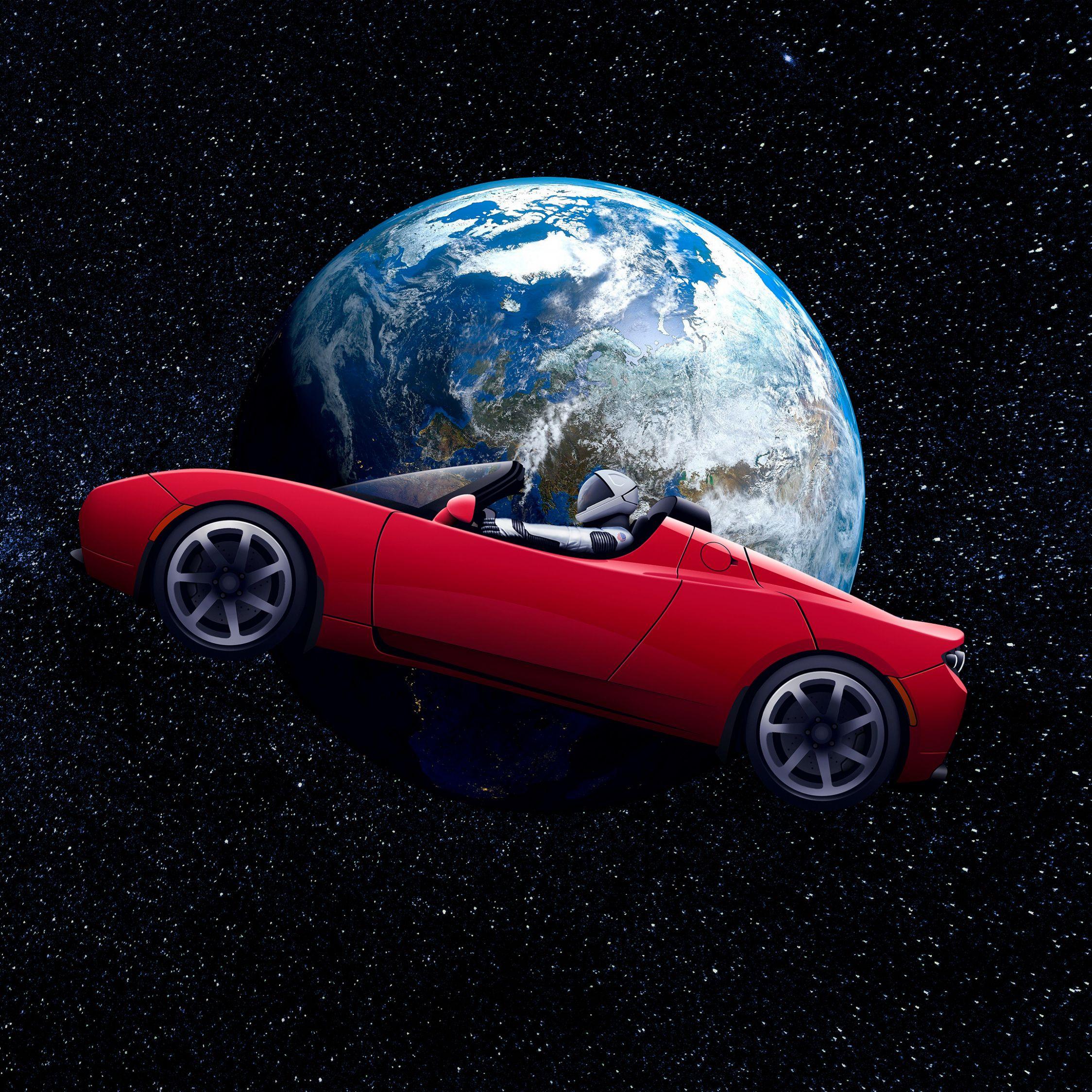 2248x2248 Download Tesla Roadster, astronaut, earth orbit, space wallpaper