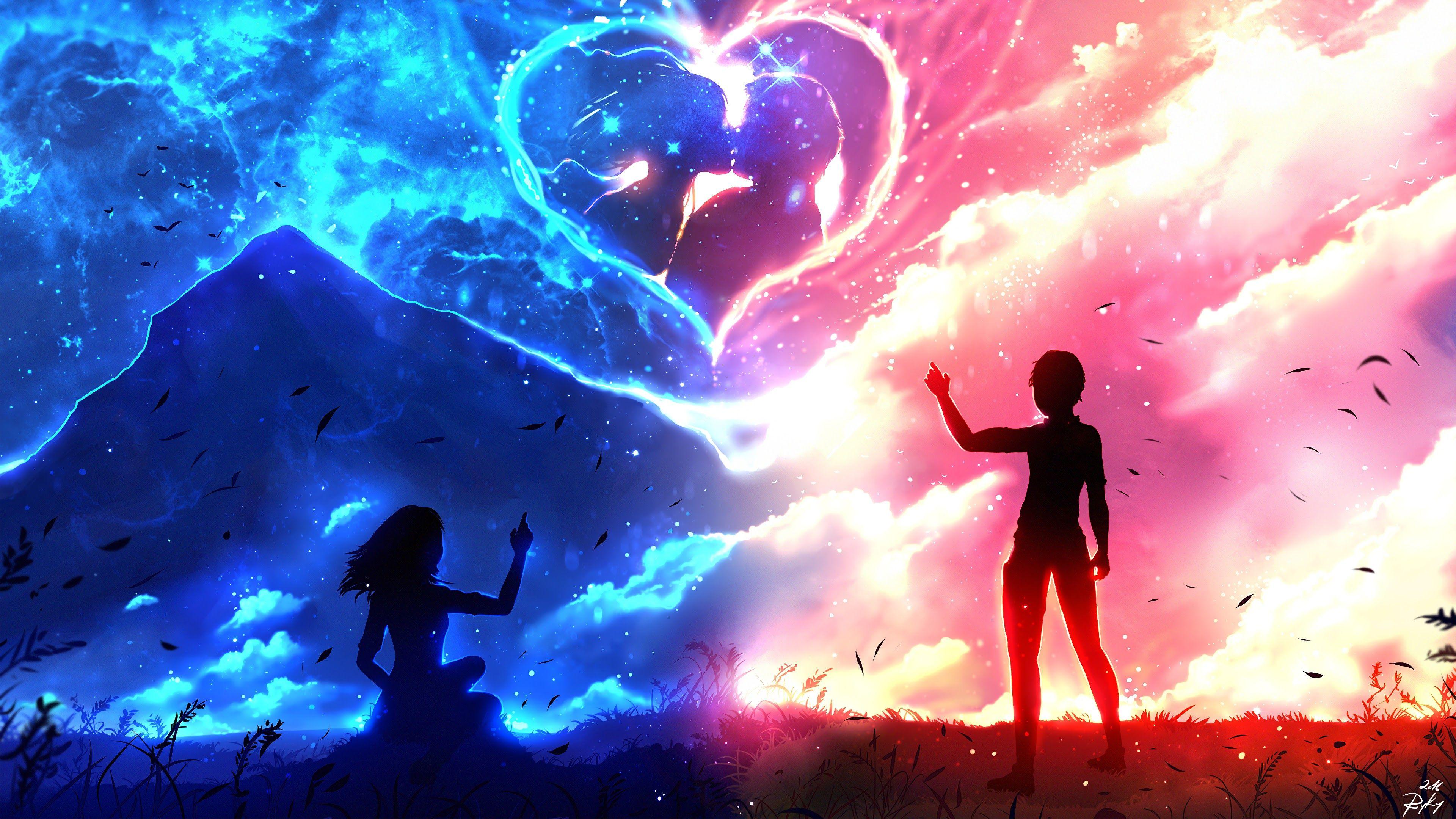 Hình nền 3840x2160 Anime Couple Silhouette Heart 4K