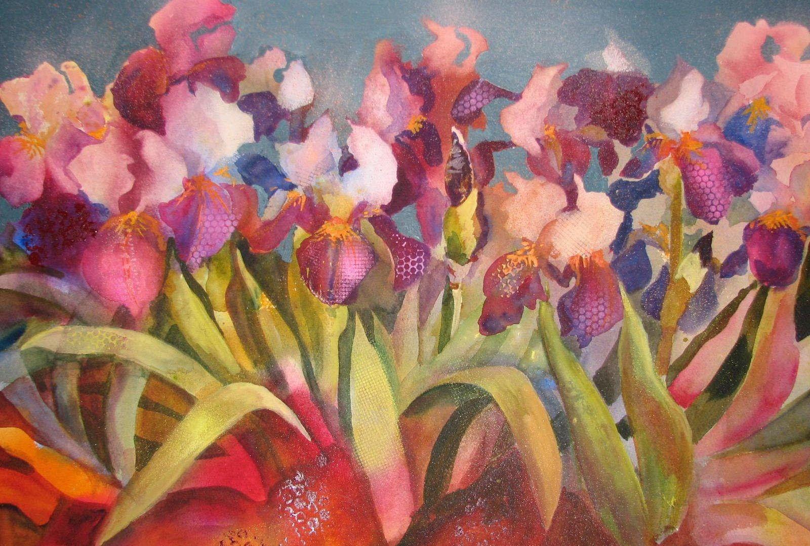 1600x1080 Flowers: Spring Leaves Irises Soft Pastels Colours Magenta Lovely