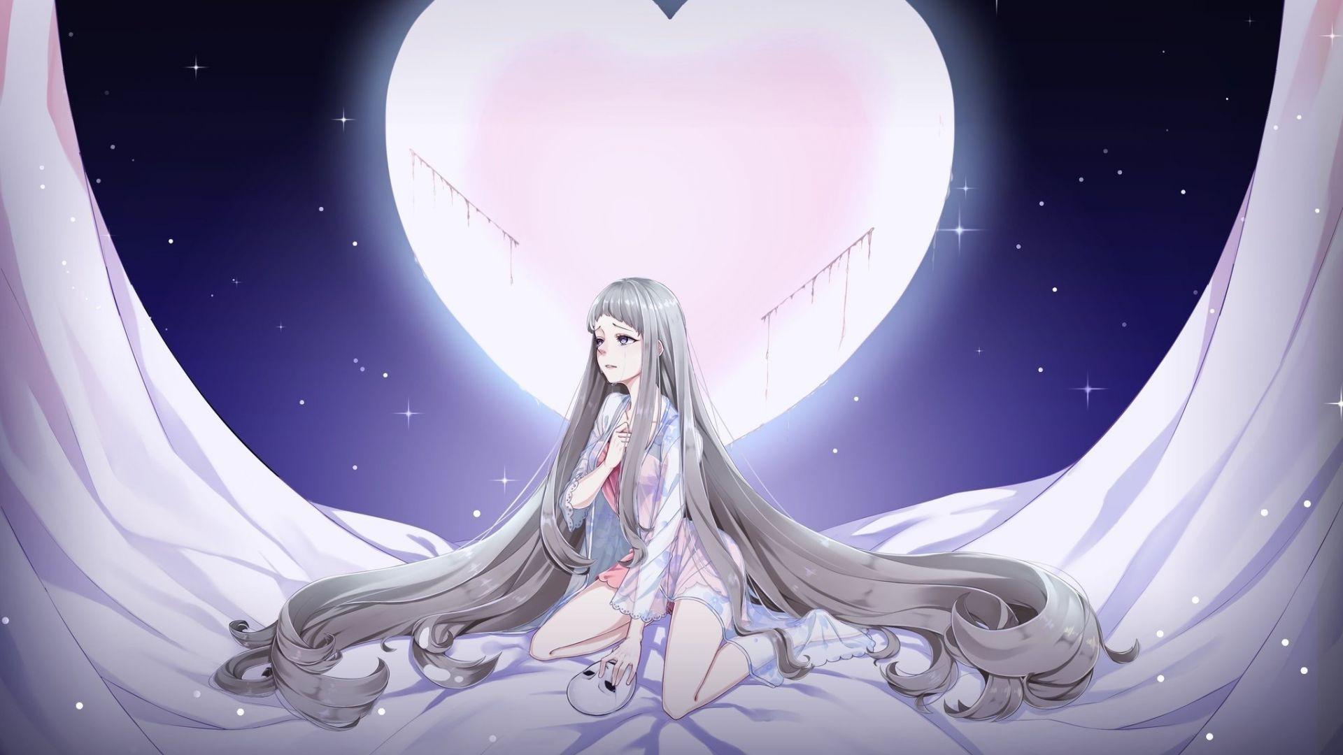 1920x1080 Desktop wallpaper anime, girl, moon, crying, long hair, HD image, picture, background, 4beff7