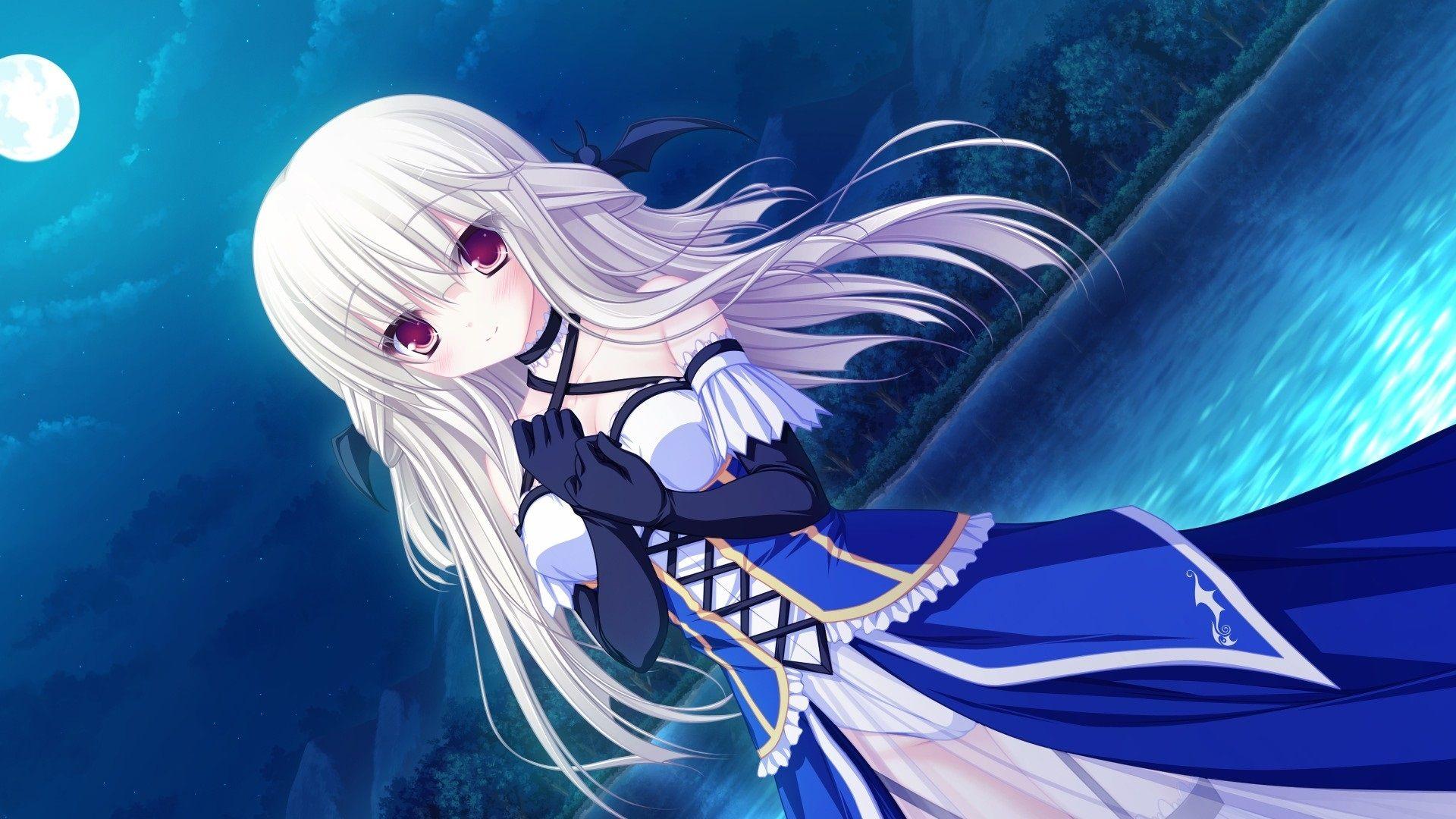 1920x1080 Wallpaper Sweet anime girl, blue skirt, moon, night 1920x1080 Full HD 2K Picture, Image