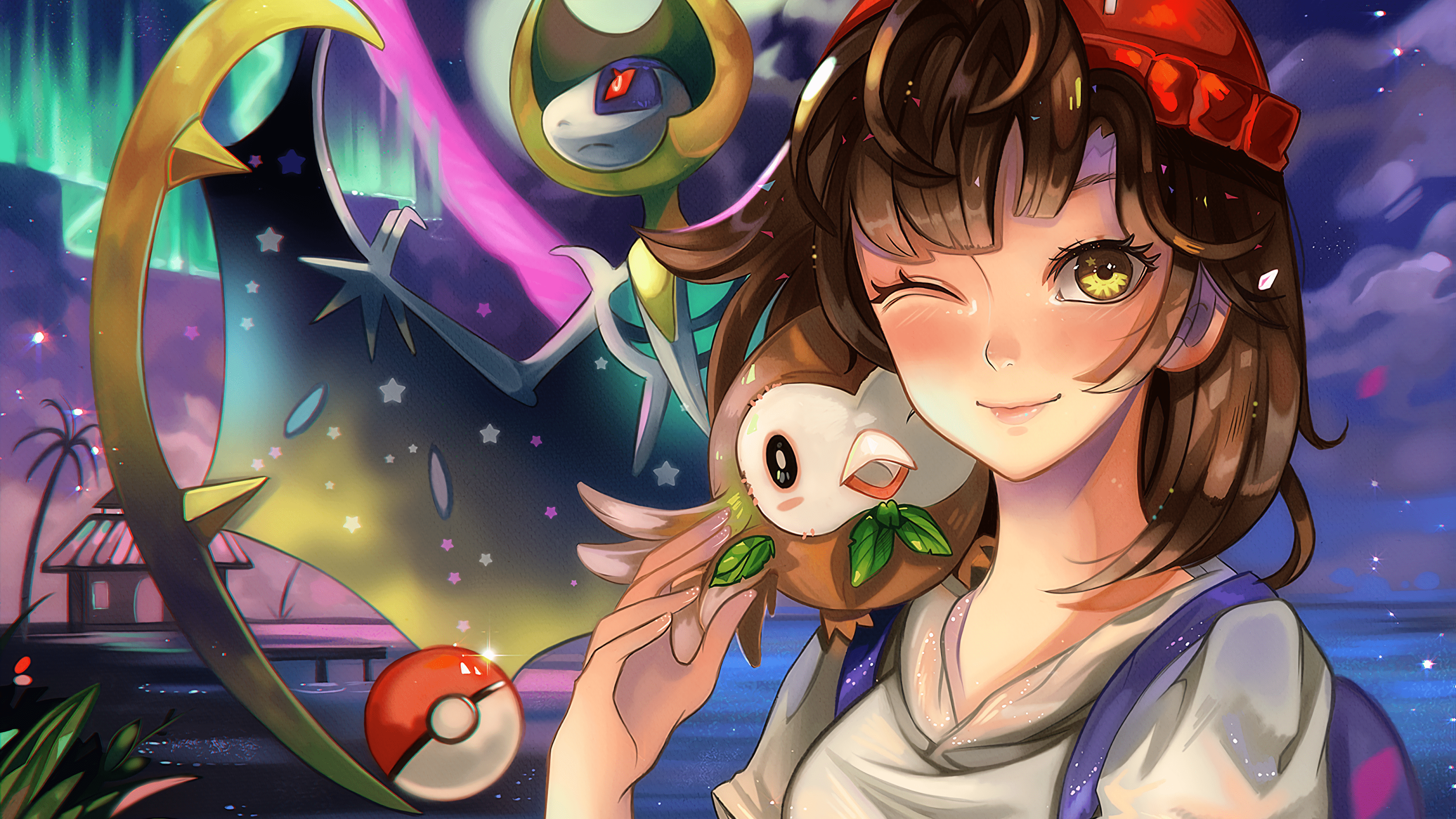 3840x2160 Download 3840x2160 Pokemon Sun And Moon, Lunala, Rowlet, Wink, Anime Girl Wallpaper for UHD TV