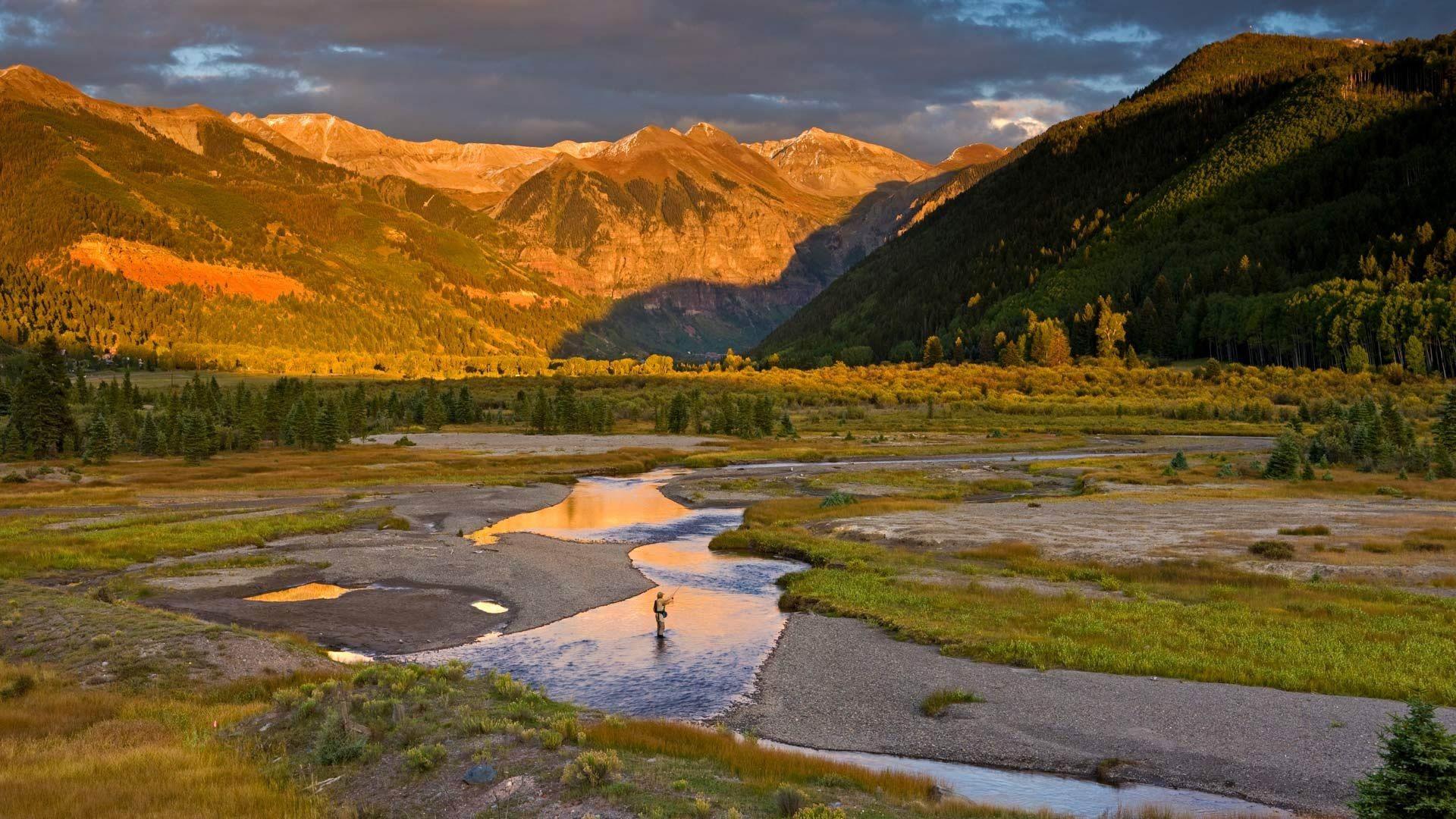 1920x1080 USA, Colorado, River, Mountains, Trees, Fisherman, Sunshine 640x960 IPhone 4 4S Wallpaper, Background, Picture, Image