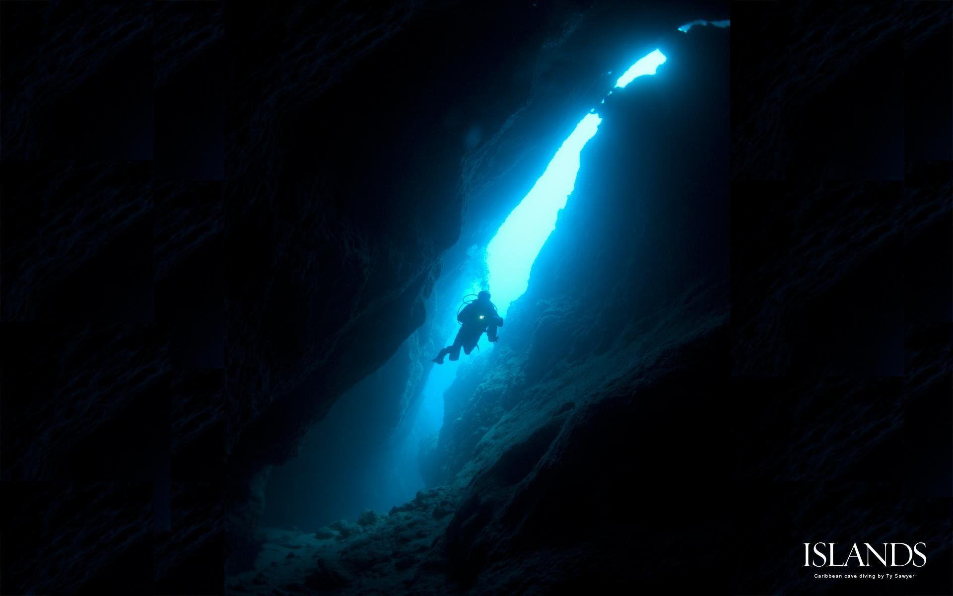 1920x1200 Scuba diving diver ocean sea underwater cave wallpaperx1200