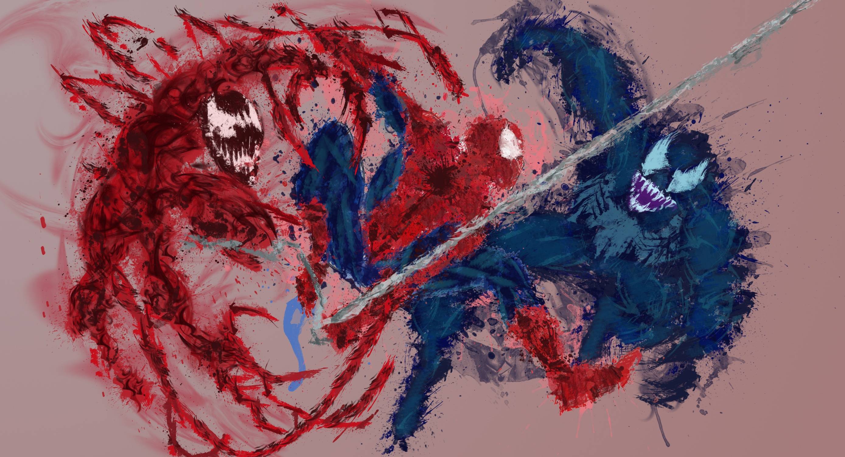 2777x1503 Paint splatter wallpaper with Spidey, Venom, and Carnage I made