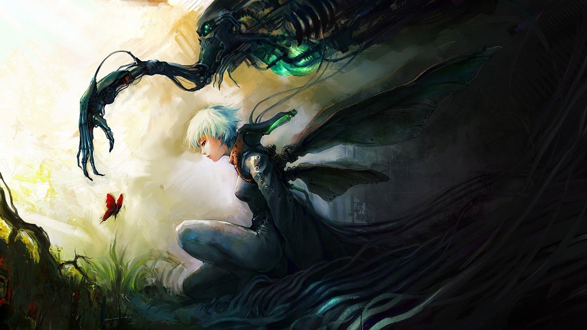 1920x1080 Blue Hair Butterflies Fantasy Art Short