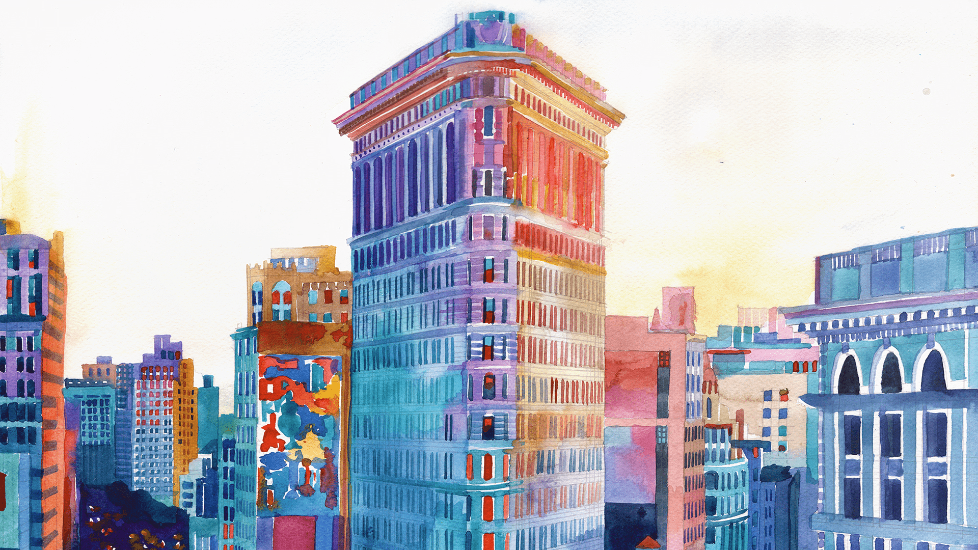 1920x1080 Flatiron, NYC in Watercolor HD Wallpaper. Background Image