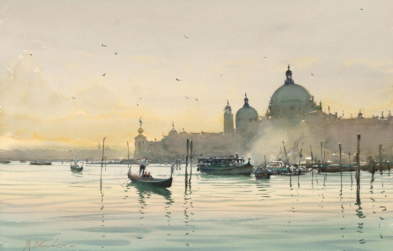 1332x850 Wallpaper water, birds, the city, boats, morning, watercolor