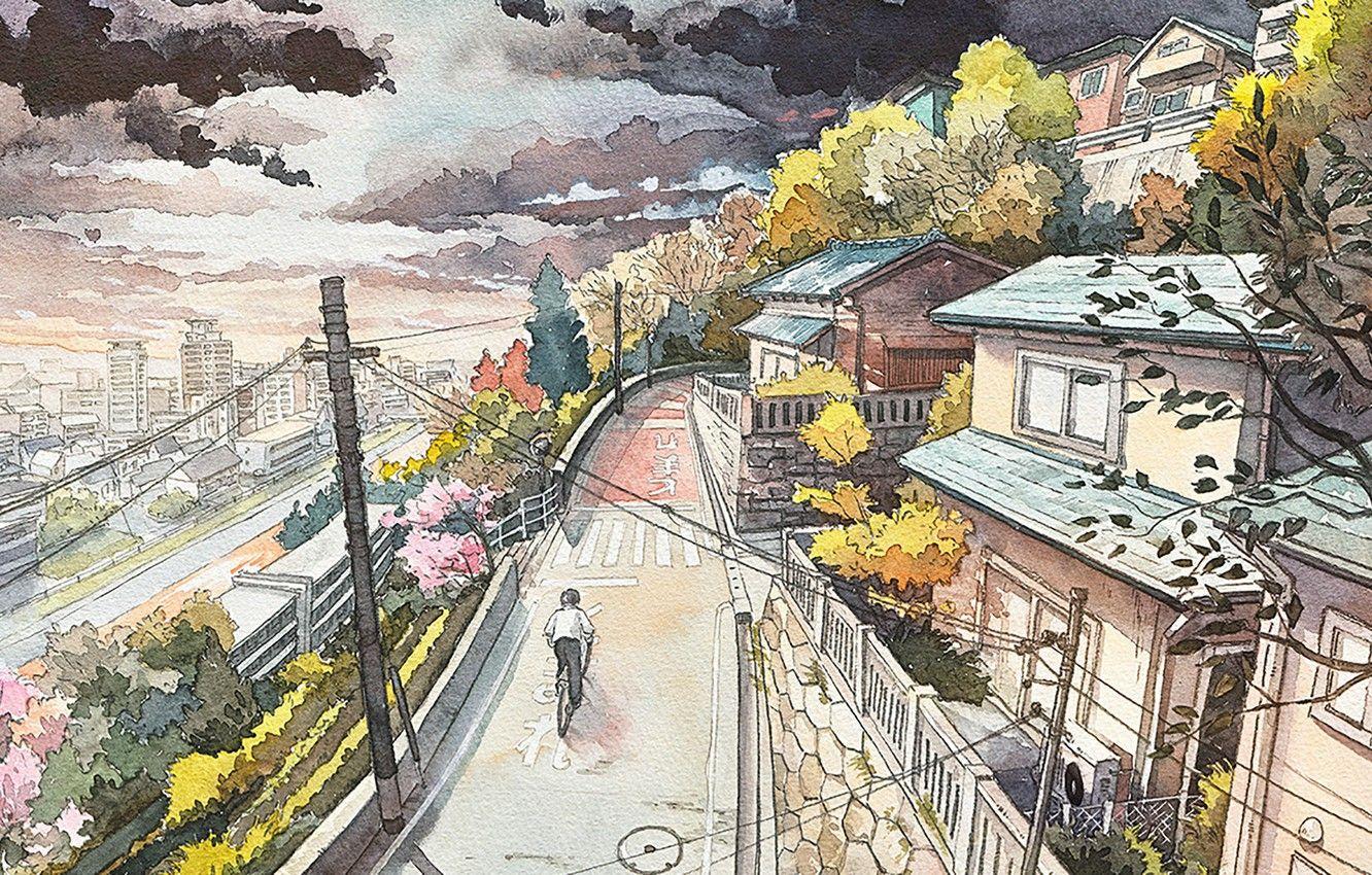 1332x850 Wallpaper road, bike, the city, Japan, watercolor image